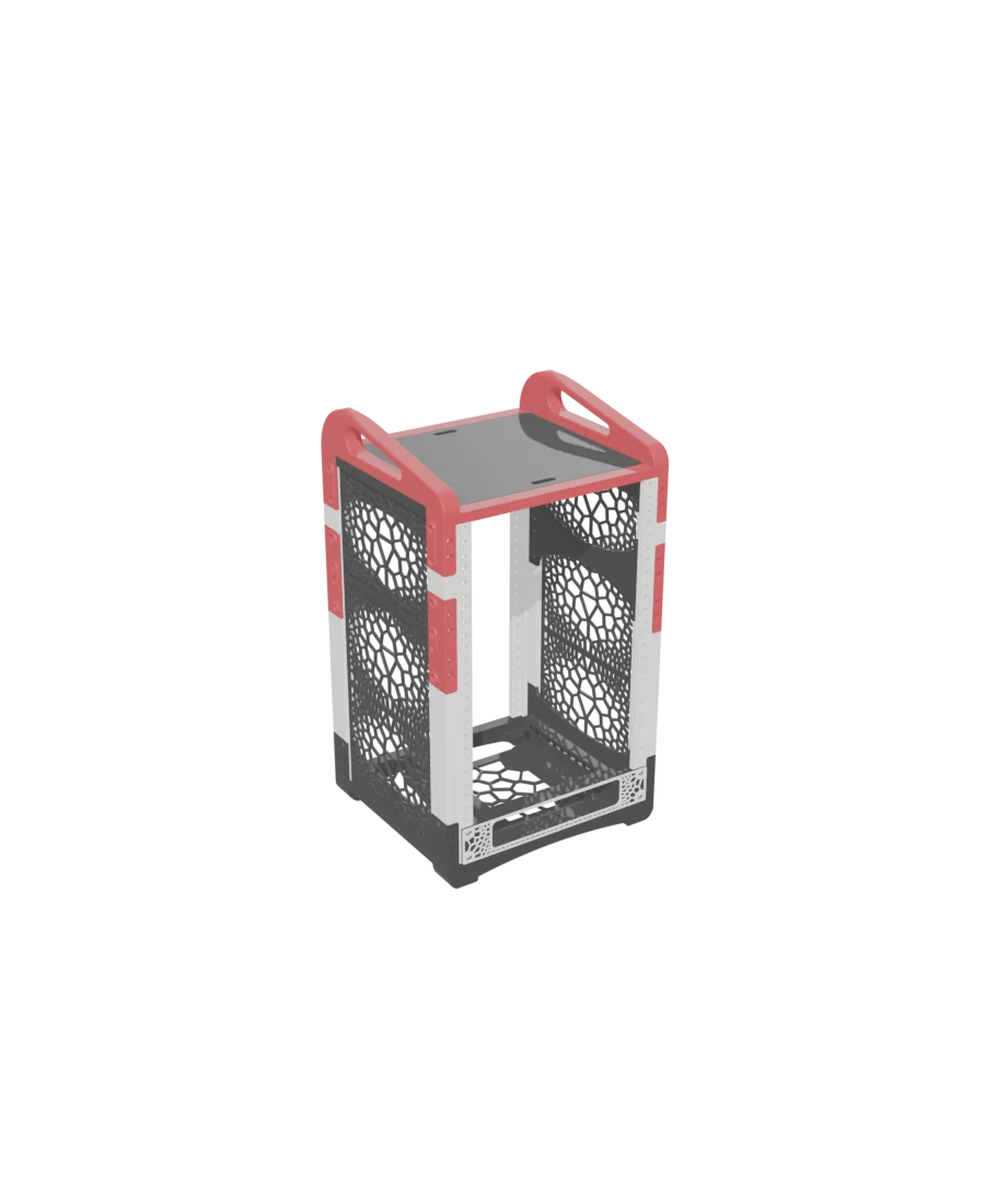 10URack V31 assembled: red handles, light legs and black cellular side panels.