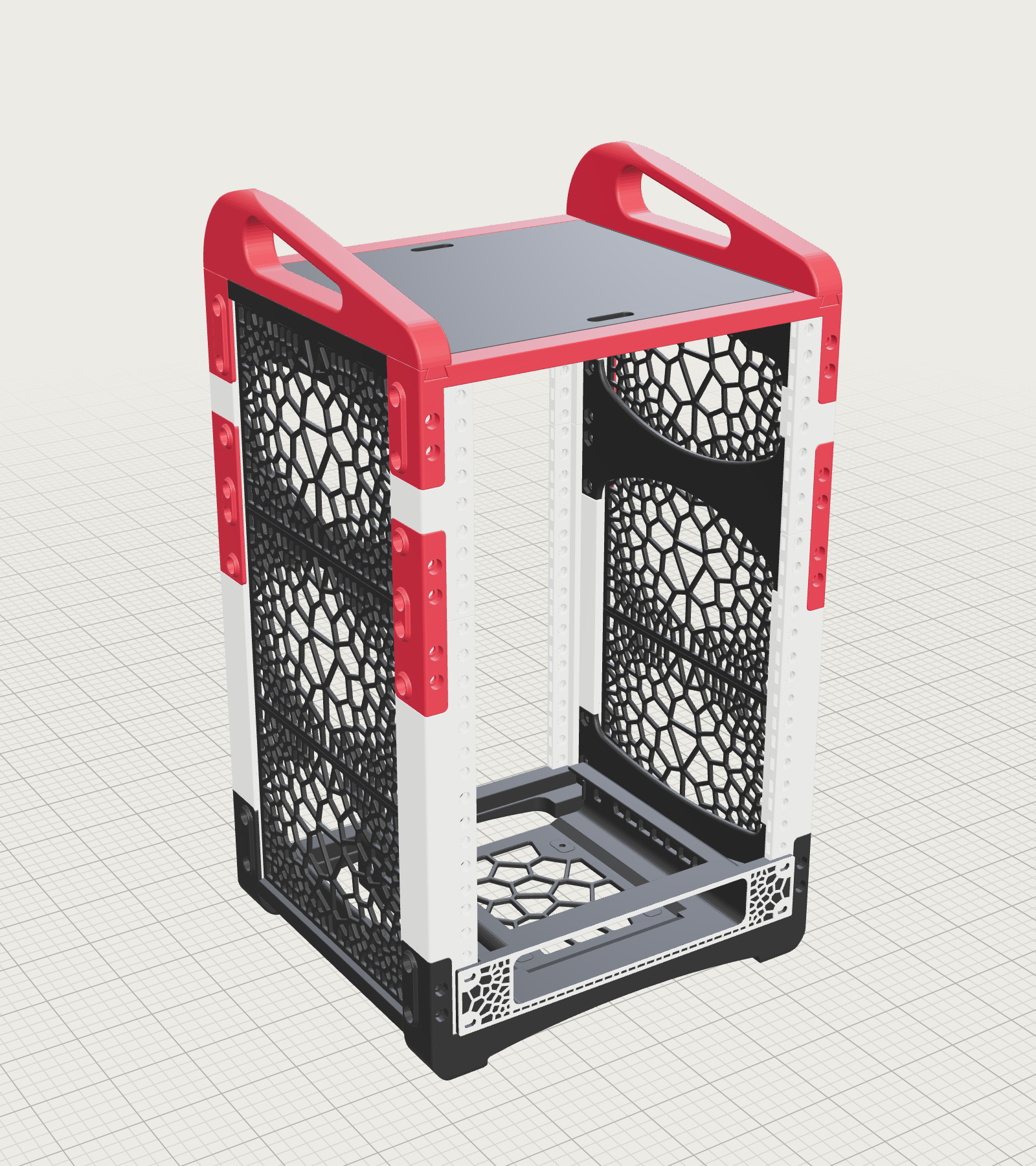 Assembled 10URack V31 on a grid: red handles and crossbars, light legs and black cellular side panels.